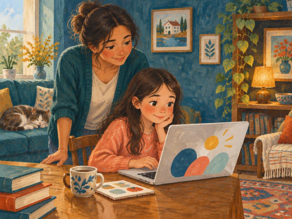 Niña aprendiendo con su notebook en la mesa de casa
